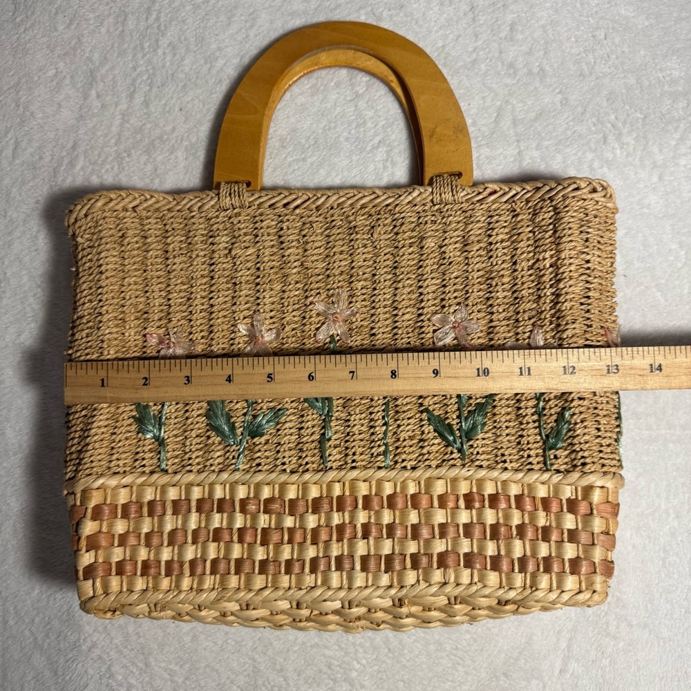 Vintage 90s Tan Floral Woven Tote Bag, Boho Fairy Cottagecore - Picture 5 of 6